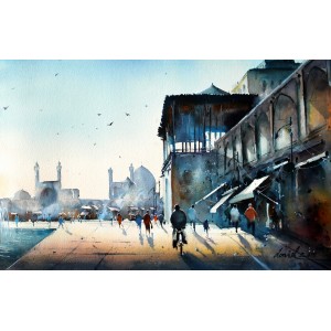 Javid Tabatabaei, Naqshe Jahan Square II, 13 x 21 Inch, Watercolour on Paper, Cityscape Painting, AC-JTT-008